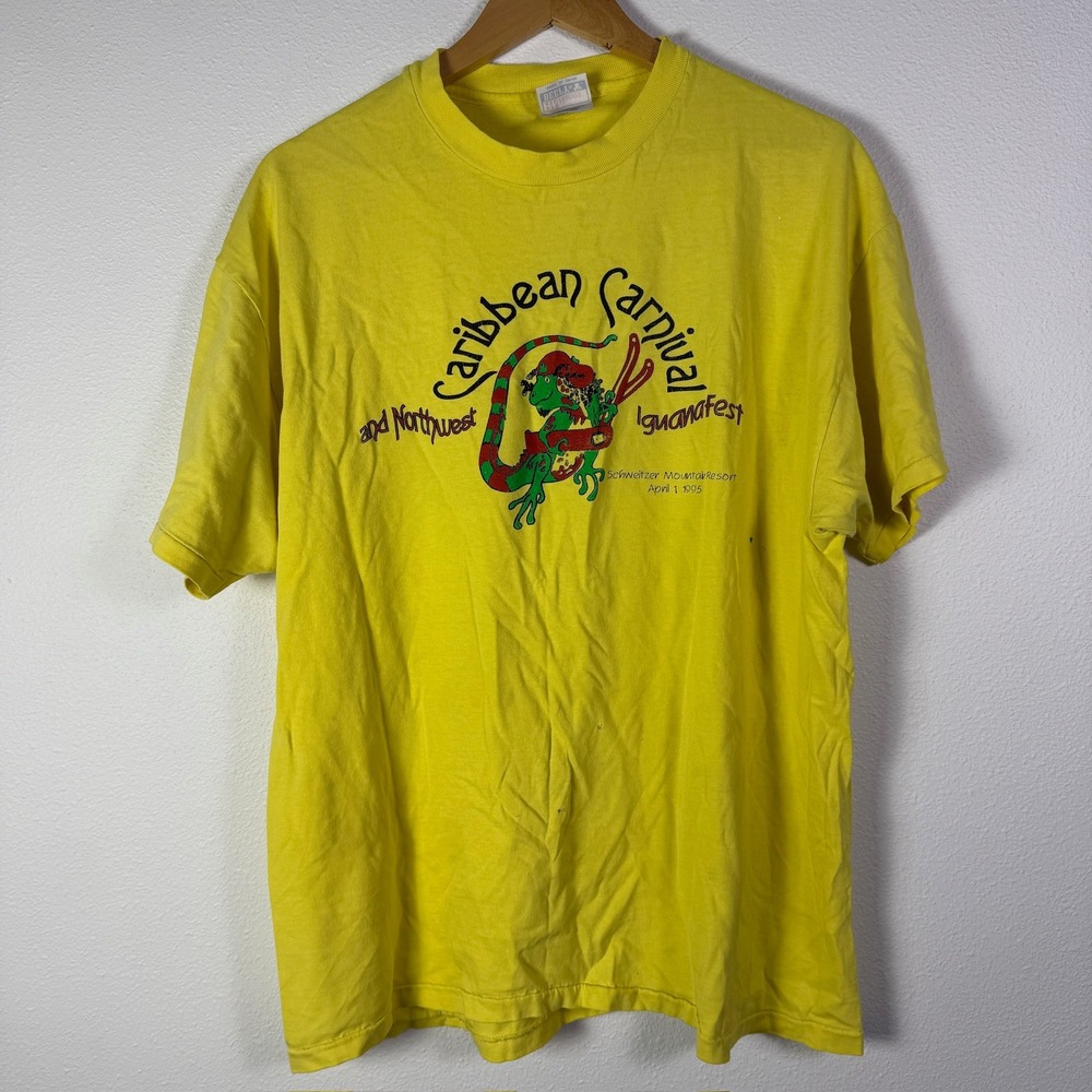 Hanes T-Shirt Mens XL Yellow Good 1995 Schweitzer Mountain Iguanafest Vintage